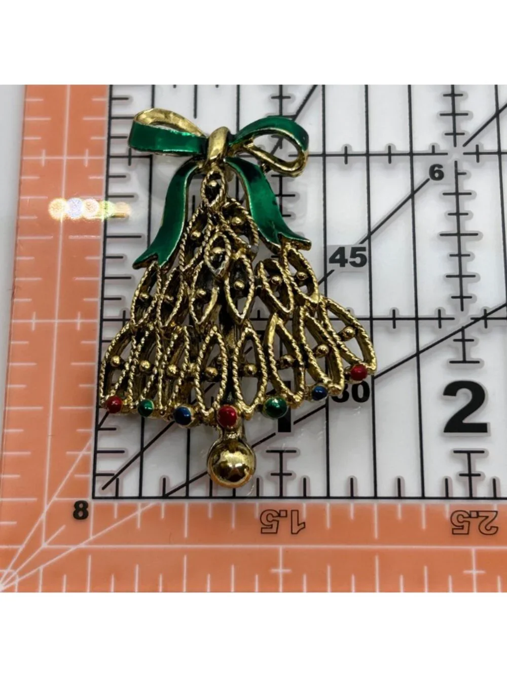Vintage Christmas Tree Bell-Shape Brooch Gold Tone Green Enamel Bow Holiday Pin